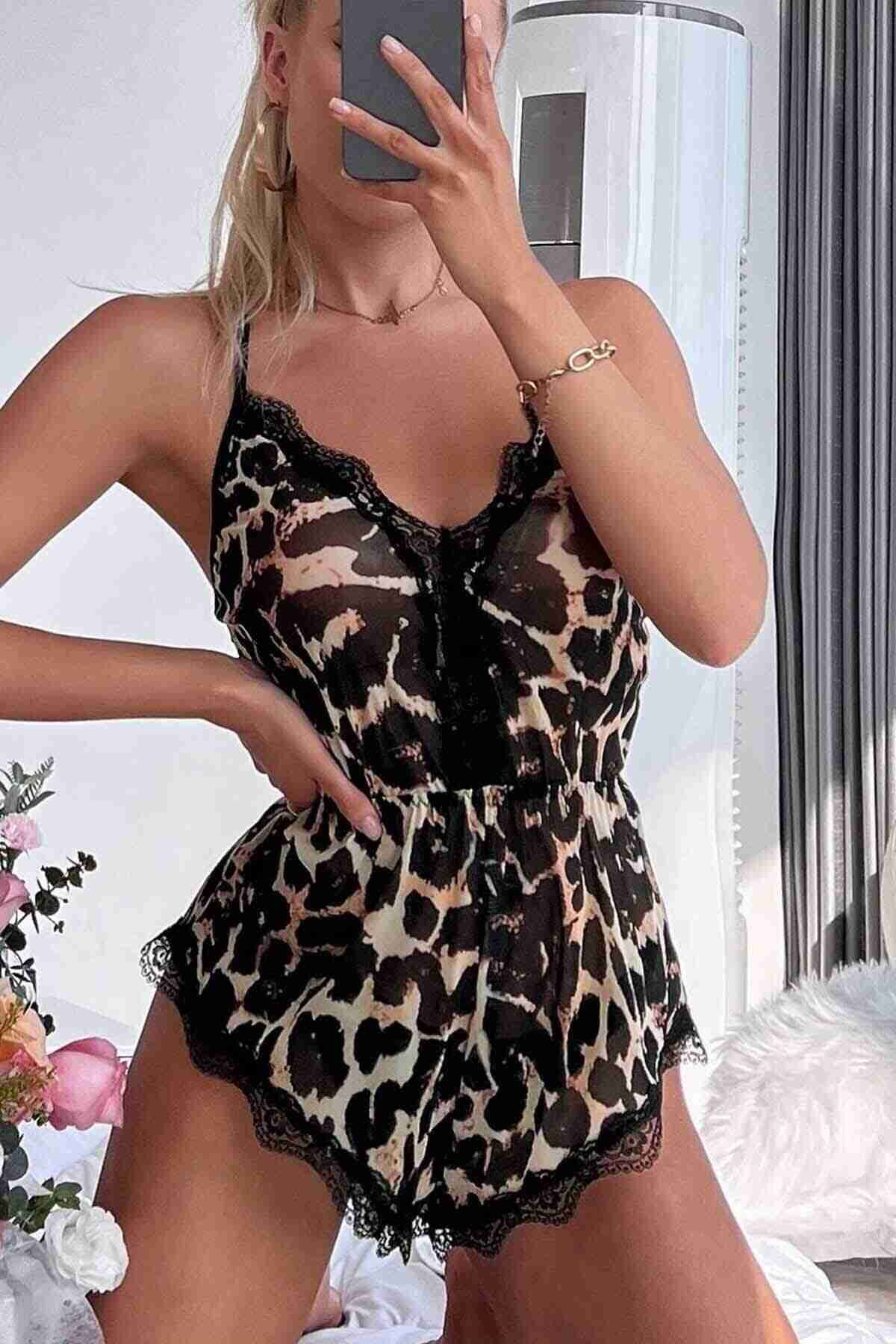  Leopar Tulum Gecelik Pijama Çok Renkli 