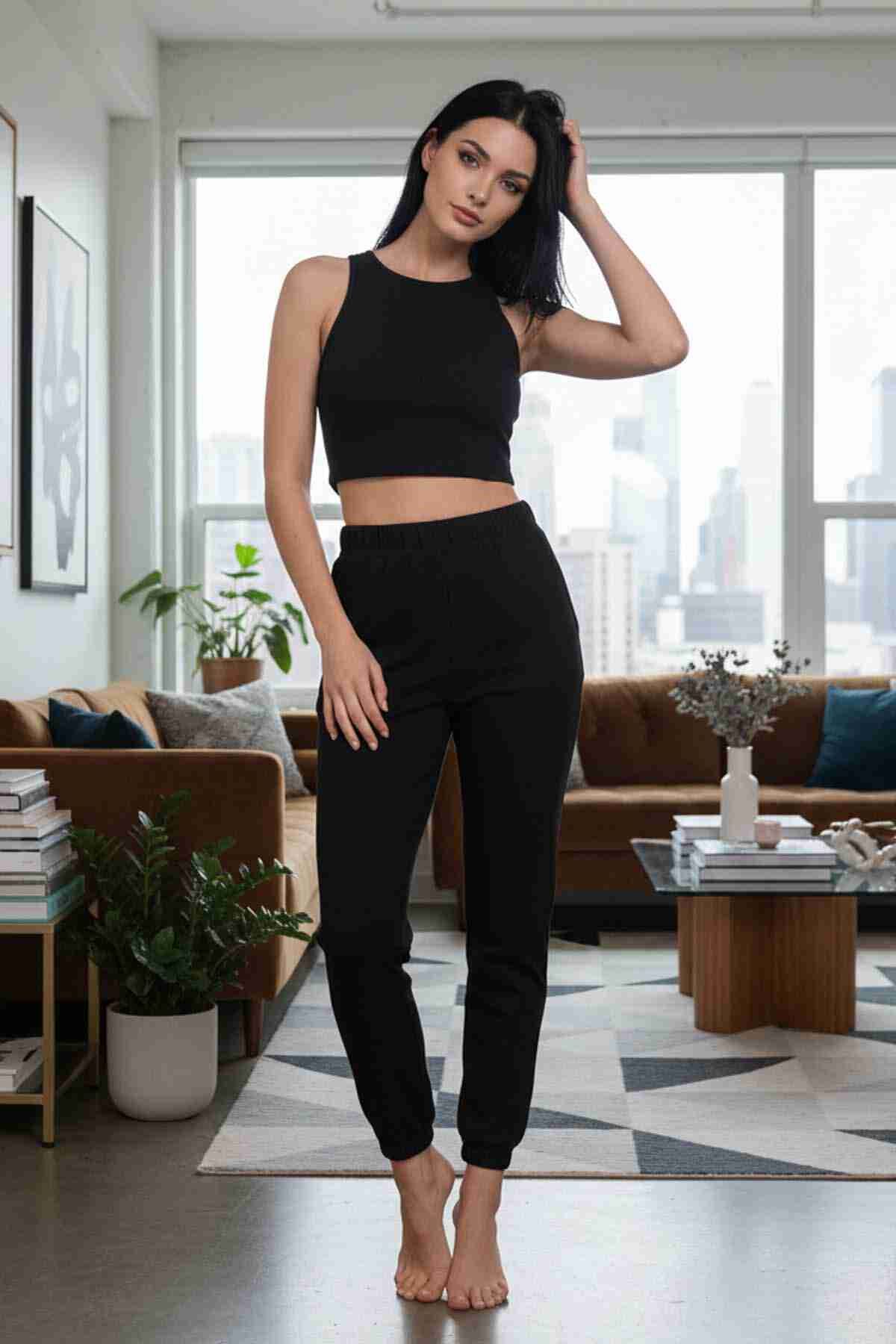 Takım Kolsuz Cepsiz Polarlı Alt Üst Pijama Takımı Siyah