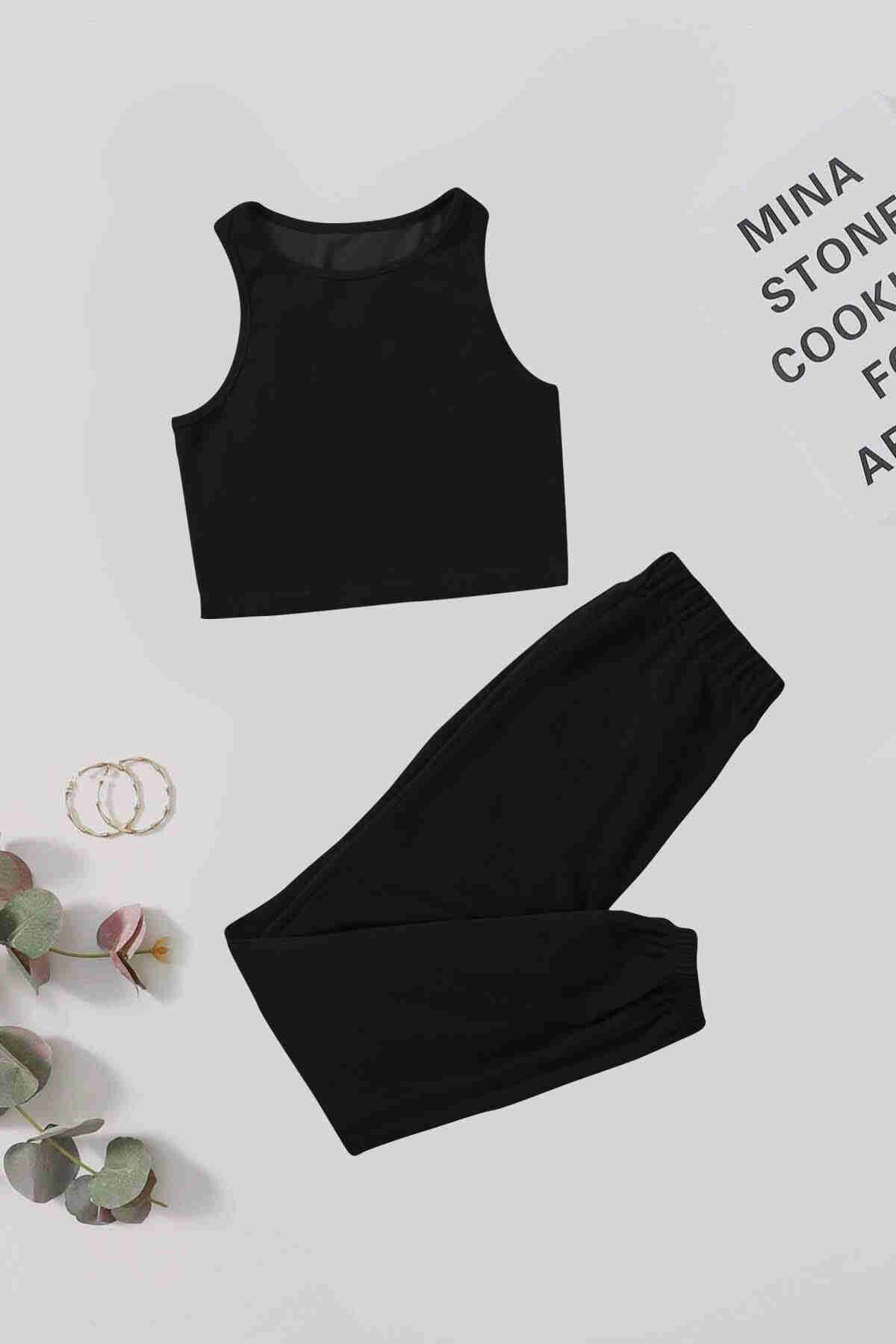 Takım Kolsuz Cepsiz Polarlı Alt Üst Pijama Takımı Siyah