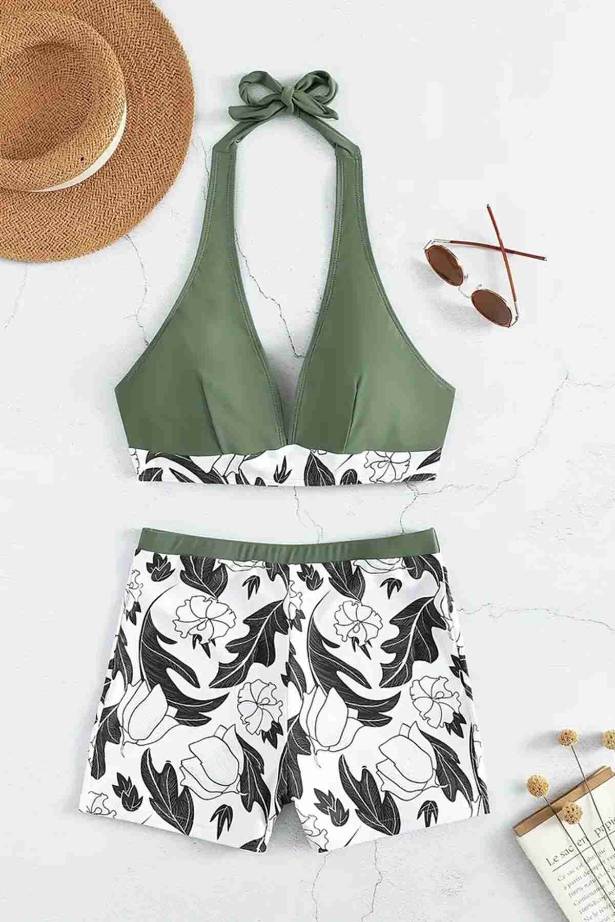 Baskılı Deniz Şortlu Bikini Takım (Çıkartılabilir Kaplı)