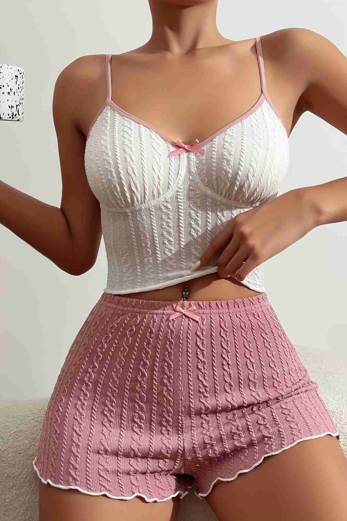 Özel Kumaş Askılı Şortlu Pijama Takımı