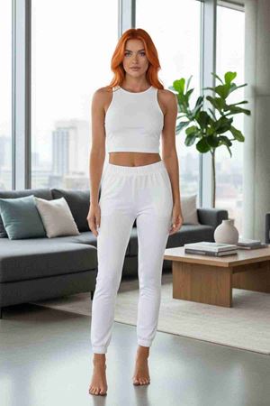 Kolsuz Cepsiz Polarlı Alt Üst Pijama Takımı Beyaz