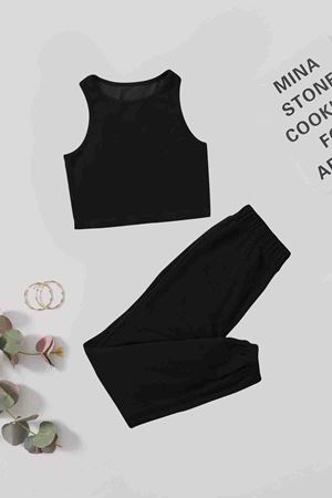 Takım Kolsuz Cepsiz Polarlı Alt Üst Pijama Takımı Siyah