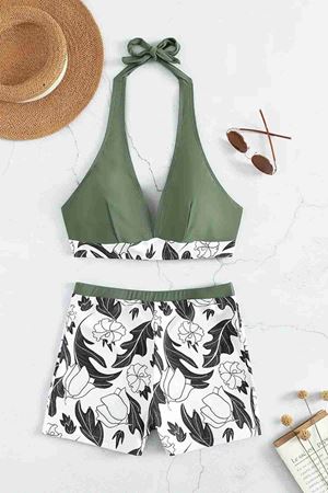 Baskılı Deniz Şortlu Bikini Takım (Çıkartılabilir Kaplı)