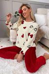 Kalp Baskılı Peluş Polar Alt Üst Uzun Kollu Pijama Takımı Çok Renkli